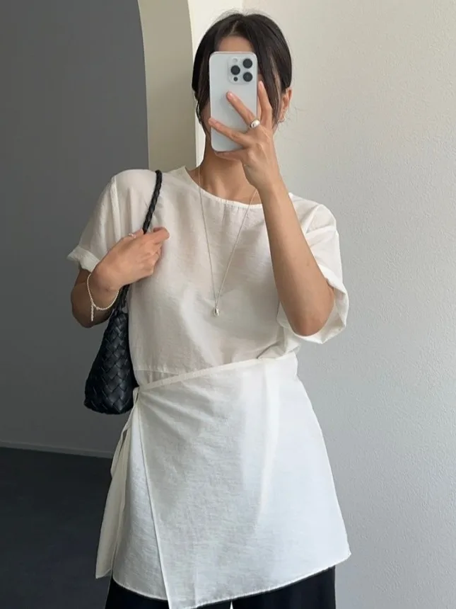 قميص نسائي أنيق بأسلوب كوري يغطي الرأس، تصميم صيفي جديد يقلل من مظهر العمر، قمة الموضة بتصميم عصري للجمهور الصغير