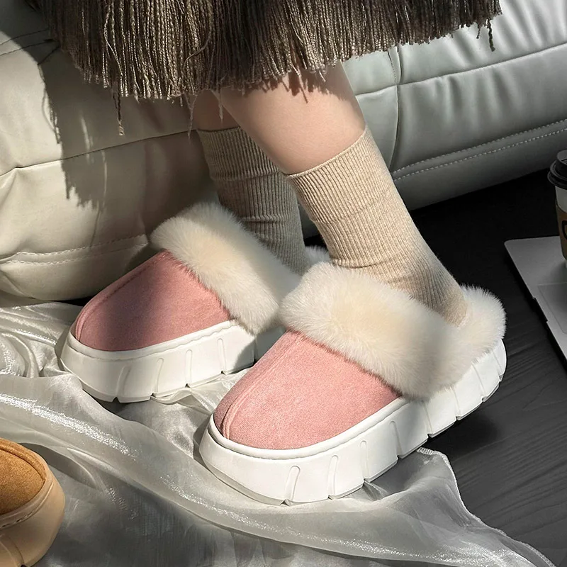 

Autumn and Winter New Simple Thick Bottom Heightening Comfortable Latex Plush Cotton Slippers Women Warm Outside Home