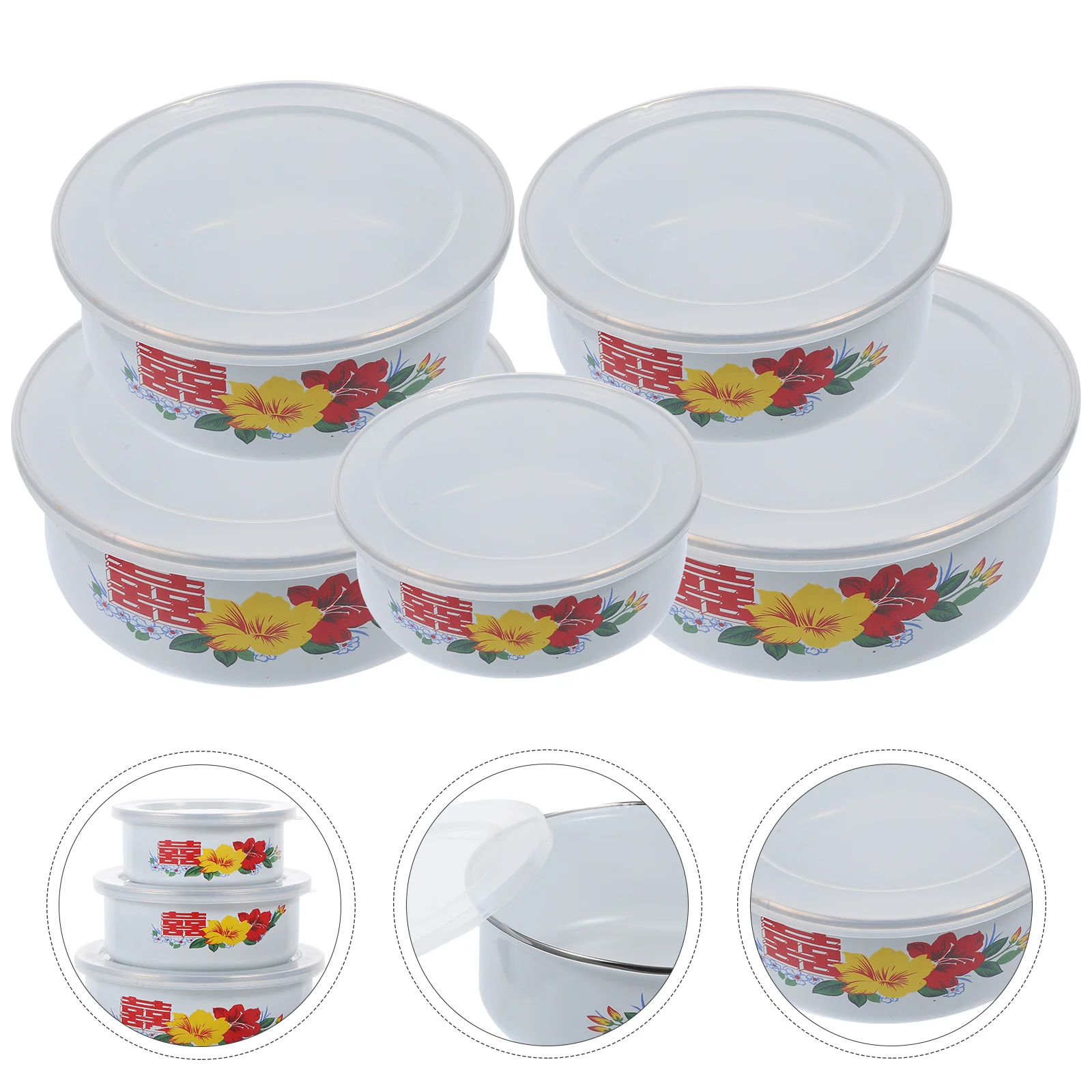 5 Pcs Household Refrigerator Kitchen Sealing Box Set of Five Food Bowls Deepen Enamelware Salad Soup Mixing Fresh