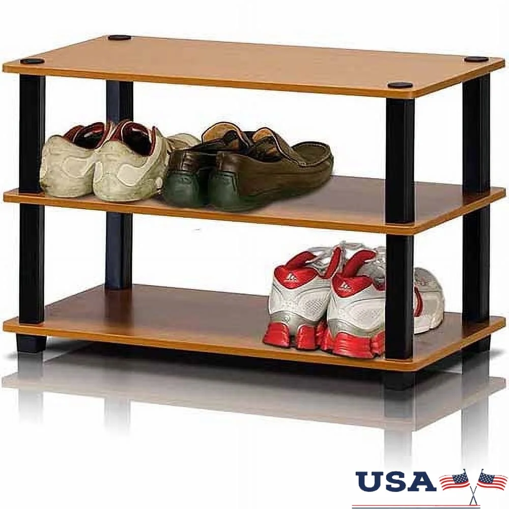 

3-Tier No-Tools Shoe Rack Durable Plastic Wood Easy Assembly Storage Organizer Home Office Kids Room Portable Stackable