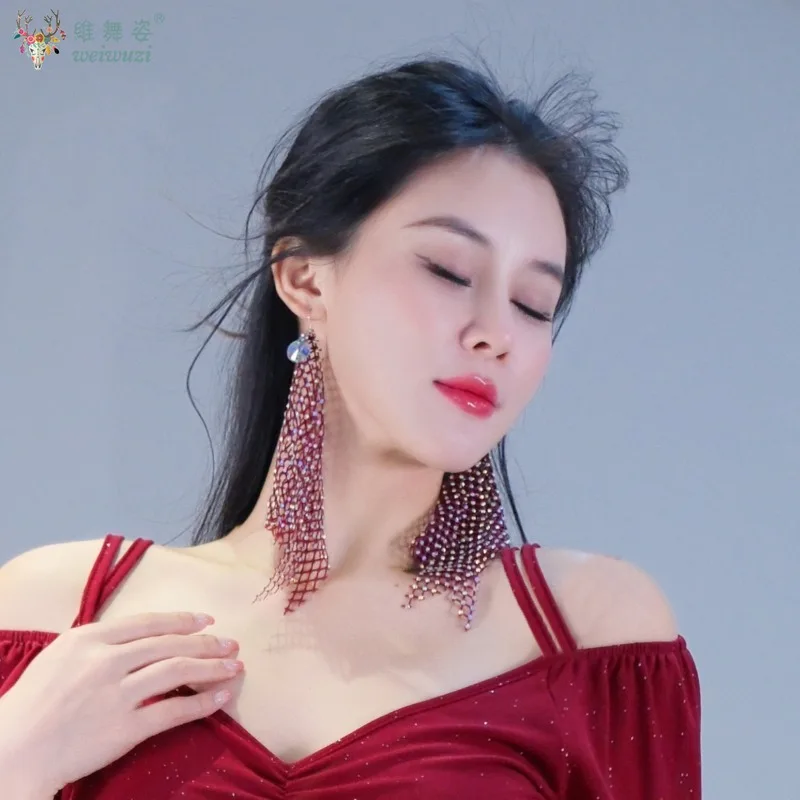 Belly Dance Competition Personality Net Earrings Accessories All Manual Diamond Earrings Latin Performance Clothing Ornament
