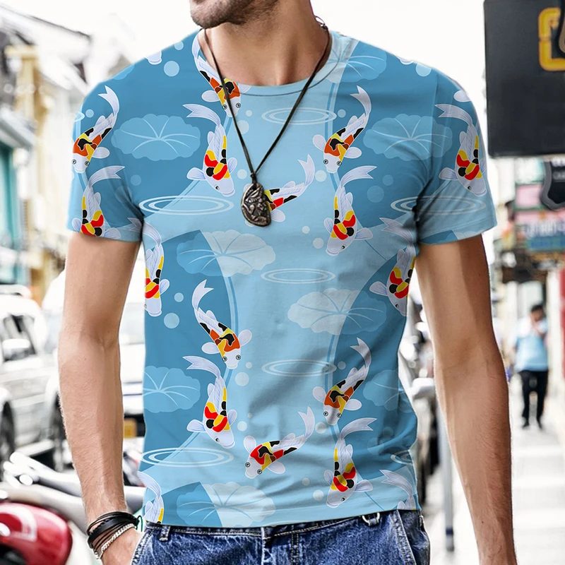 2022 Koi Printed Shirts Men's 3D Printed Round Neck T Shirts Polyester Clothes Oversized Loose Mens Fashion