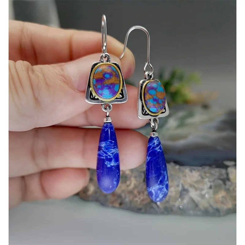 Bohemian Style 925 Silver Needle Natural Lapis Lazuli Stone Dangle Hook Earrings Wedding Engagement Earrings for Women