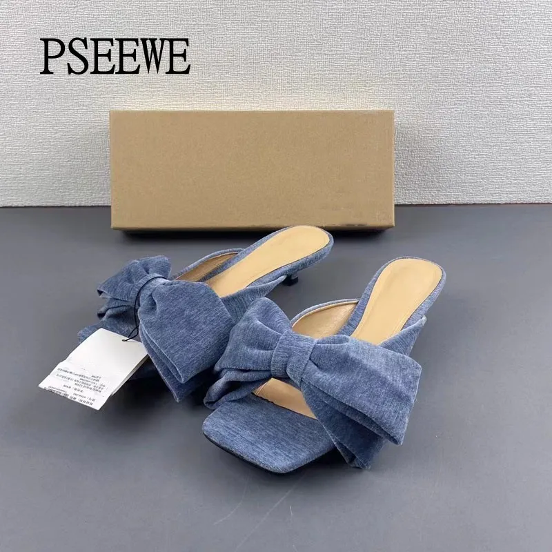 PSEEWE Blue Bow Women's Sandals 2024 Fashion Kitten Heel and Shoes For Women Designer Luxury Slipper Female Shoes Elegant Sandal