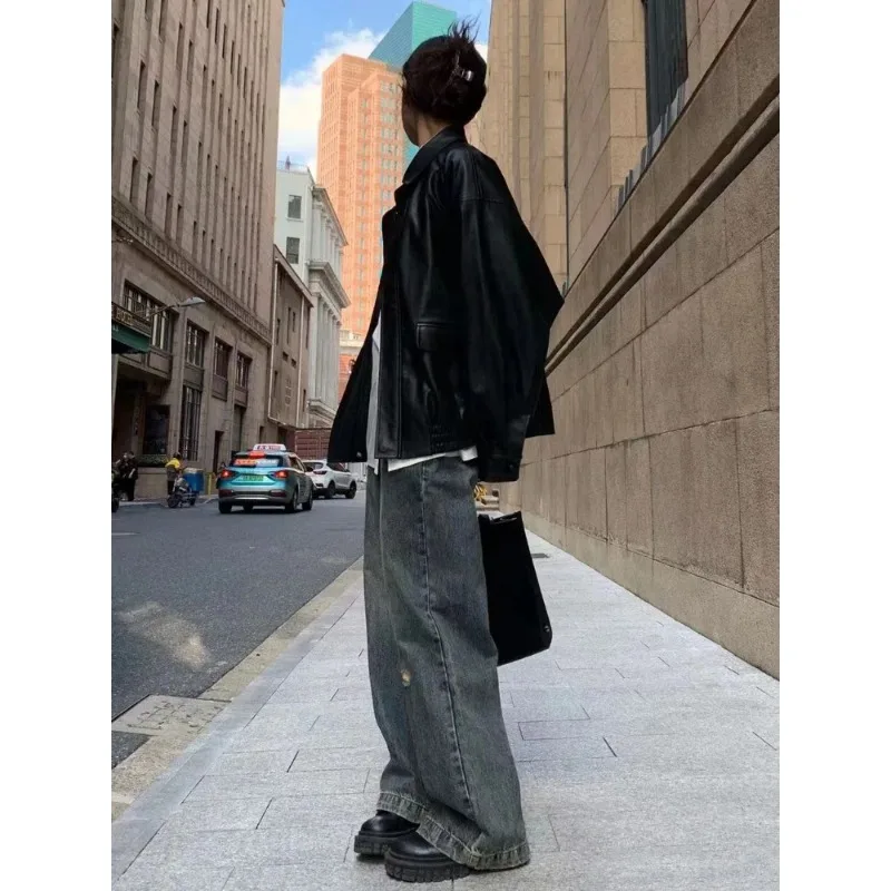 Vintage PU deri ceket kadınlar yüksek sokak Techwear boy Moto Biker Coats BF Punk gevşek rahat kırpılmış giyim