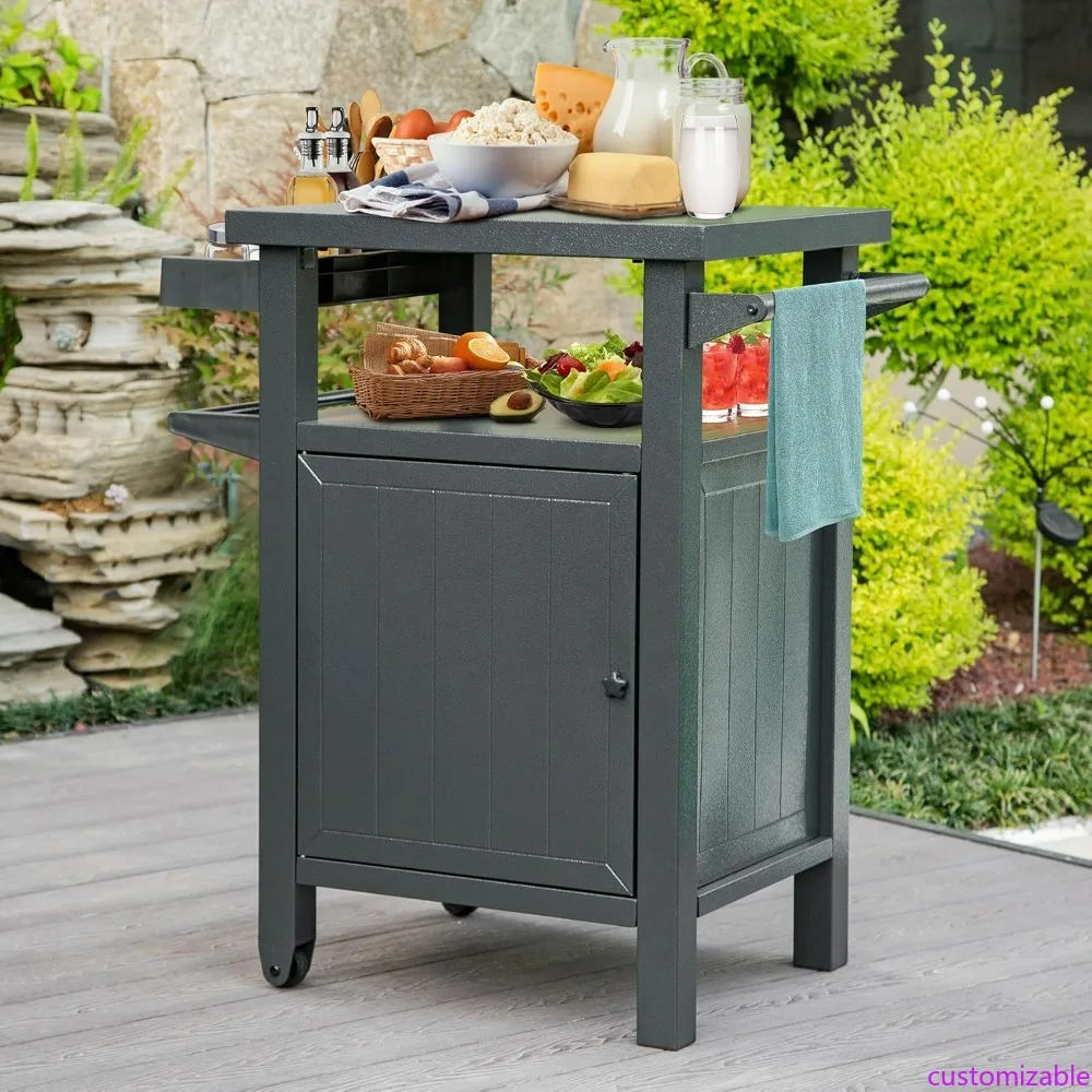 

Portable Outdoor BBQ Grill Cart with Metal Table and Storage Cabinet for Deck, Patio, and Backyard