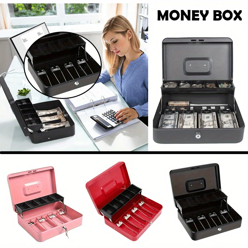 Locking Money Box - Steel Money Box with Organizer Tray, Portable Security Dual Keys