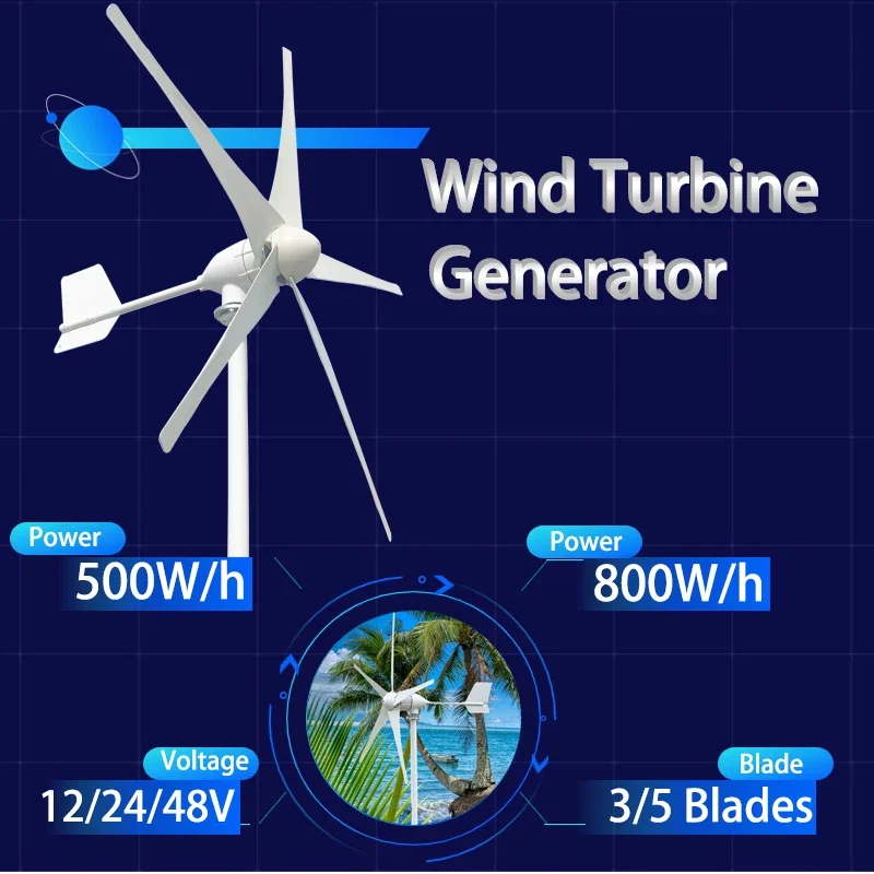 800w Horizontal Wind Turbine Generator 12V 24V 48V 3 Blades Windmill With MPPT Controller Power Generator 220v Ouput Inverter