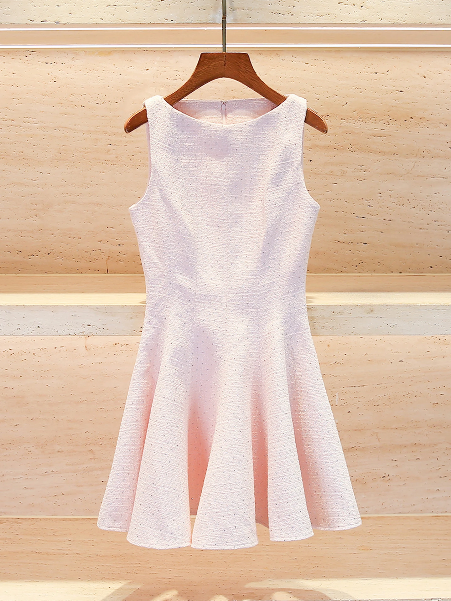 

Sweet Diamond Embellished Tweed Vest Dress High Waist Spring Summer Autumn Medium Thickness A-Line Skirt Back Zipper Dress