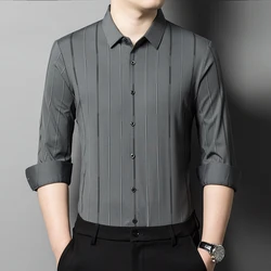 Spring 2024, Men's Seamless Vertical Striped Shirt, Square Neck Loose Fitting Business Casual Long Sleeved Shirt M-4XL