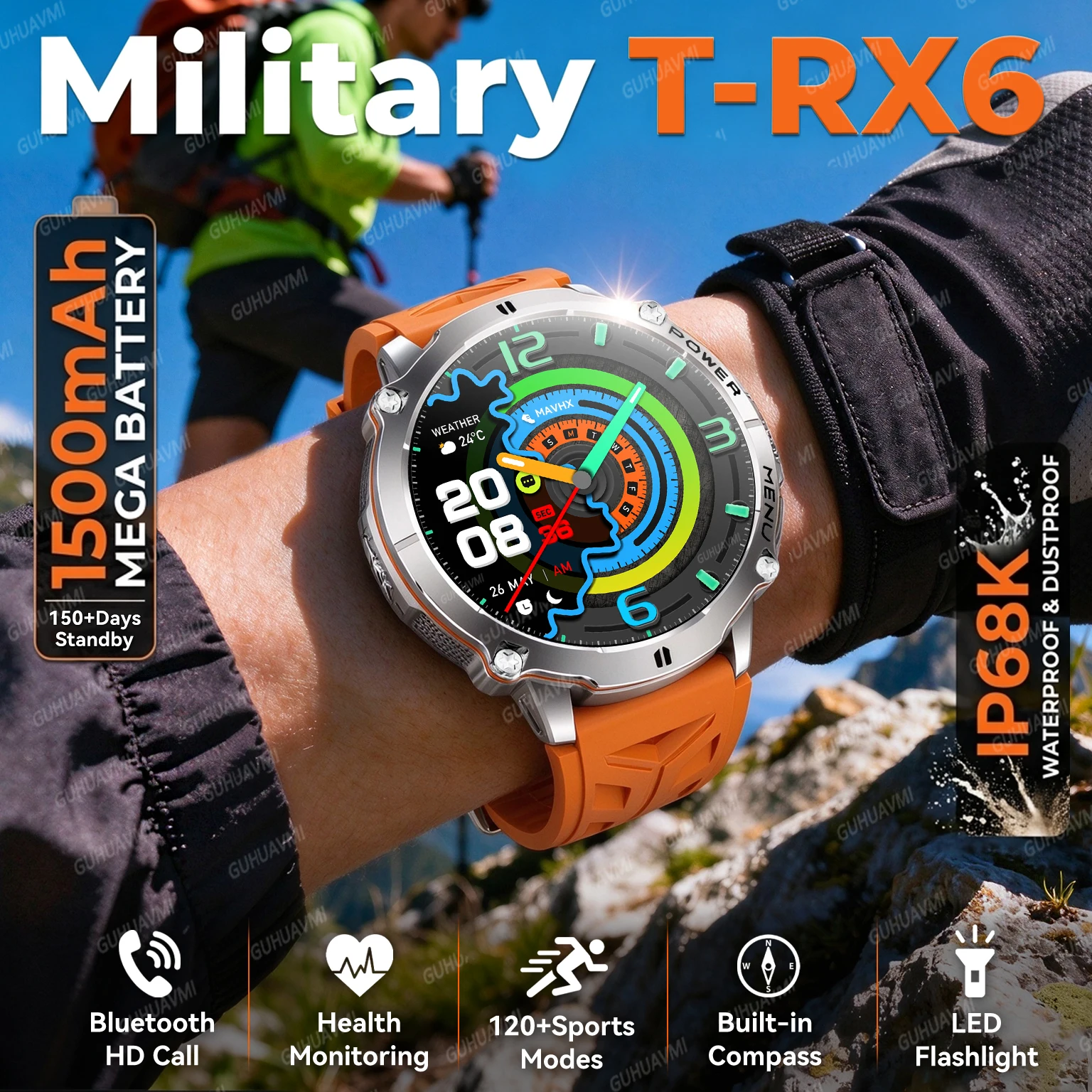 Military T-Rx6 Smartwatch,1.7'AMOLED Screen,150 Day Battery,IP68 Waterproof,Metal,120 Fitness Modes,Flashlight,For Men Women New