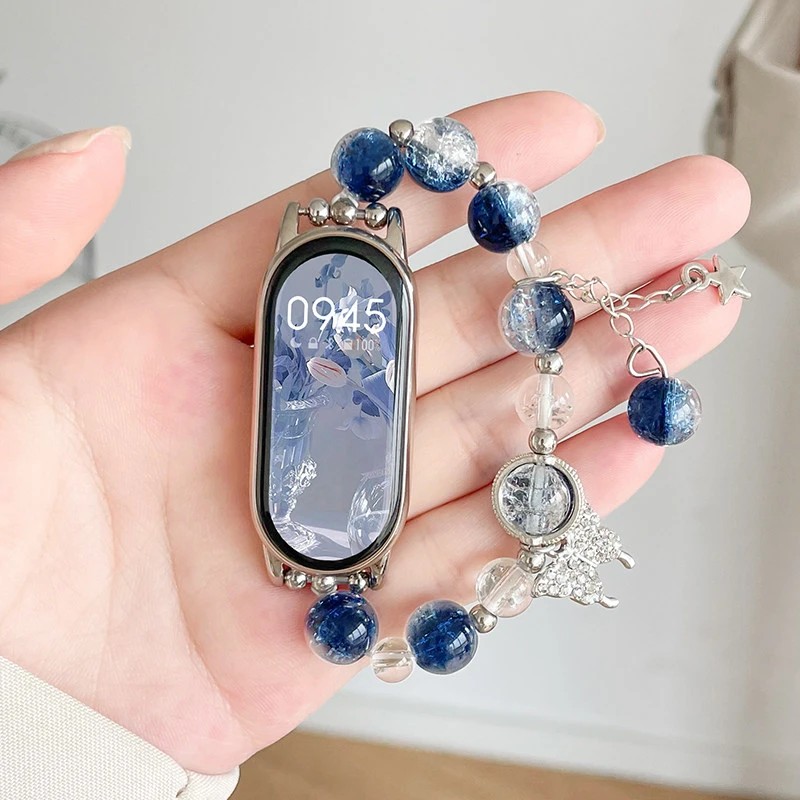 Women Crystal Beaded Bracelet for Xiaomi Mi Band 8 9 10 Bling Butterfly Charm Wrist Strap for Samsung Galaxy Watch 7 6 Classic 4