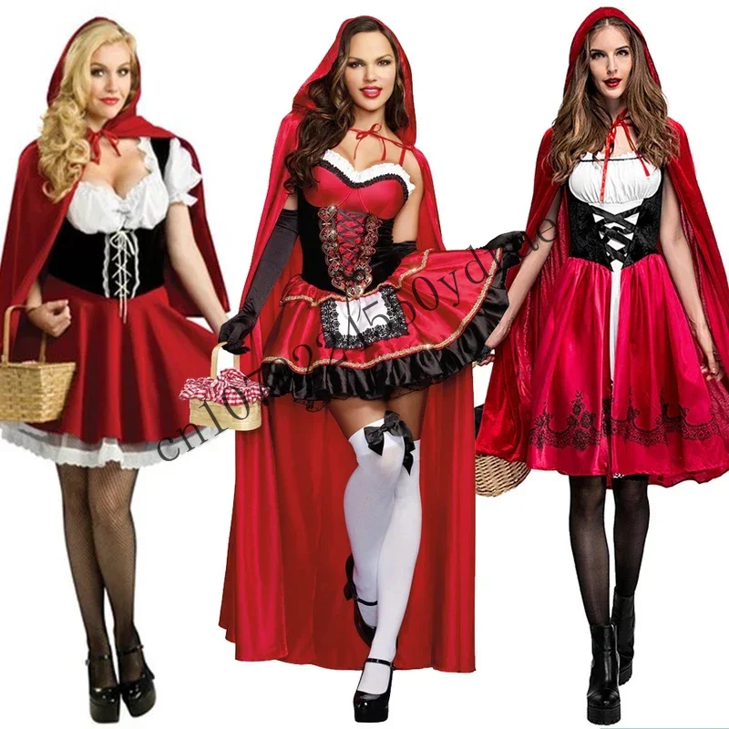 2018 Little Red Riding Hood Outfit Costume Adult Women Halloween Cosplay Fancy Dress Hen Party Cape Set CMM1501