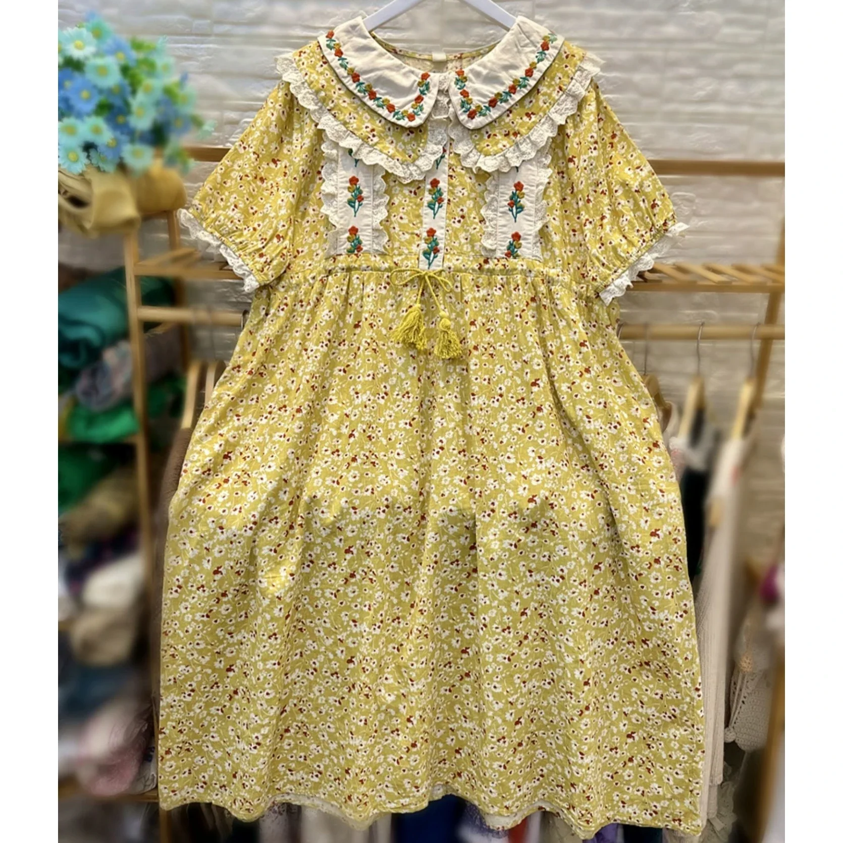 女性のための美しい黄色の綿のミディドレス,レトロな夏の服,ビクトリア朝のモミ,原宿,綿,2024