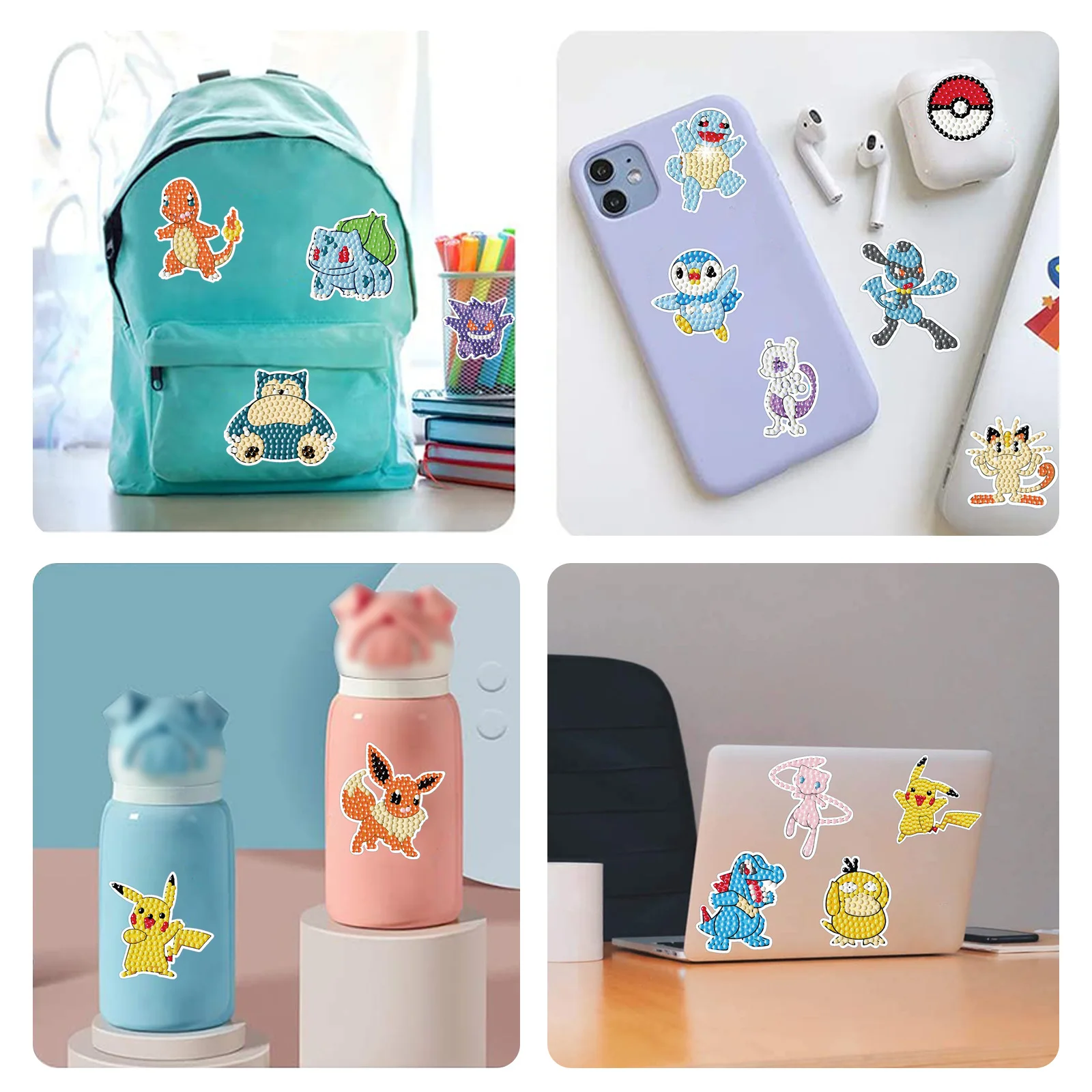 5D Diamond Painting Stickers Cartoon Game Pokemon Pikachu  DIY Casual Stickers Handmade Lovers School Bag Decoration Paintings