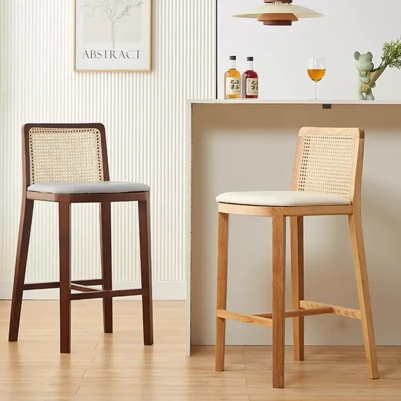 Nordic Rattan Woven Solid Wood Bar Chair Light Luxury Counter Stool Senior Front Desk High Seat Island High Stool