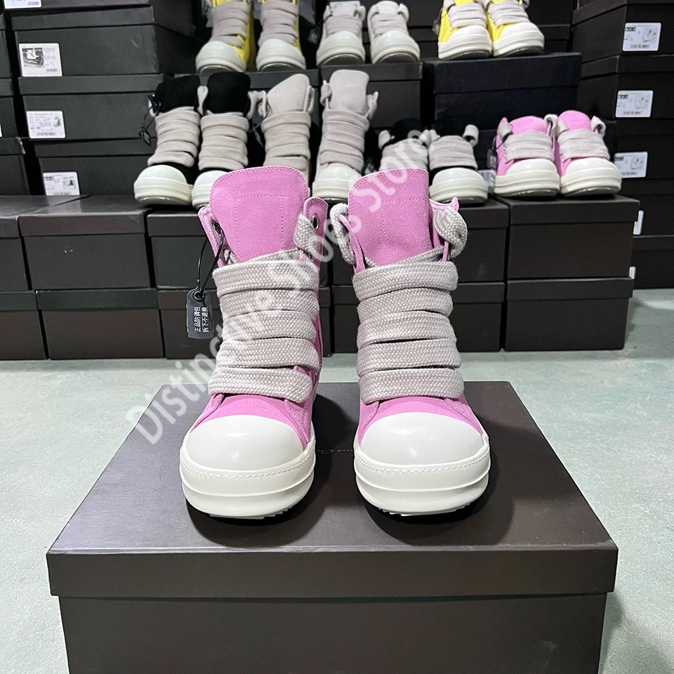 Classic Men Shoes Luxury High Top Women's Sports Shoes High Street Pink Sneakers Giant lace Suede Leather Side Zipper Shoes