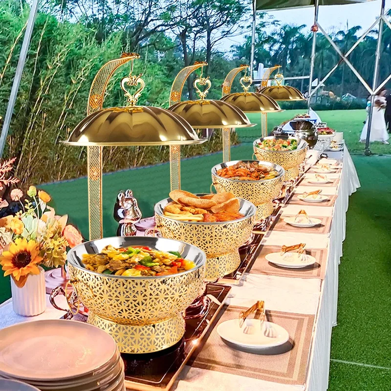 

Luxury Gold Hanging Hydraulic Chafing Dish Ss 201 Round Chafing Dish Buffet Set 20PCS Chafing Dishes For Catering
