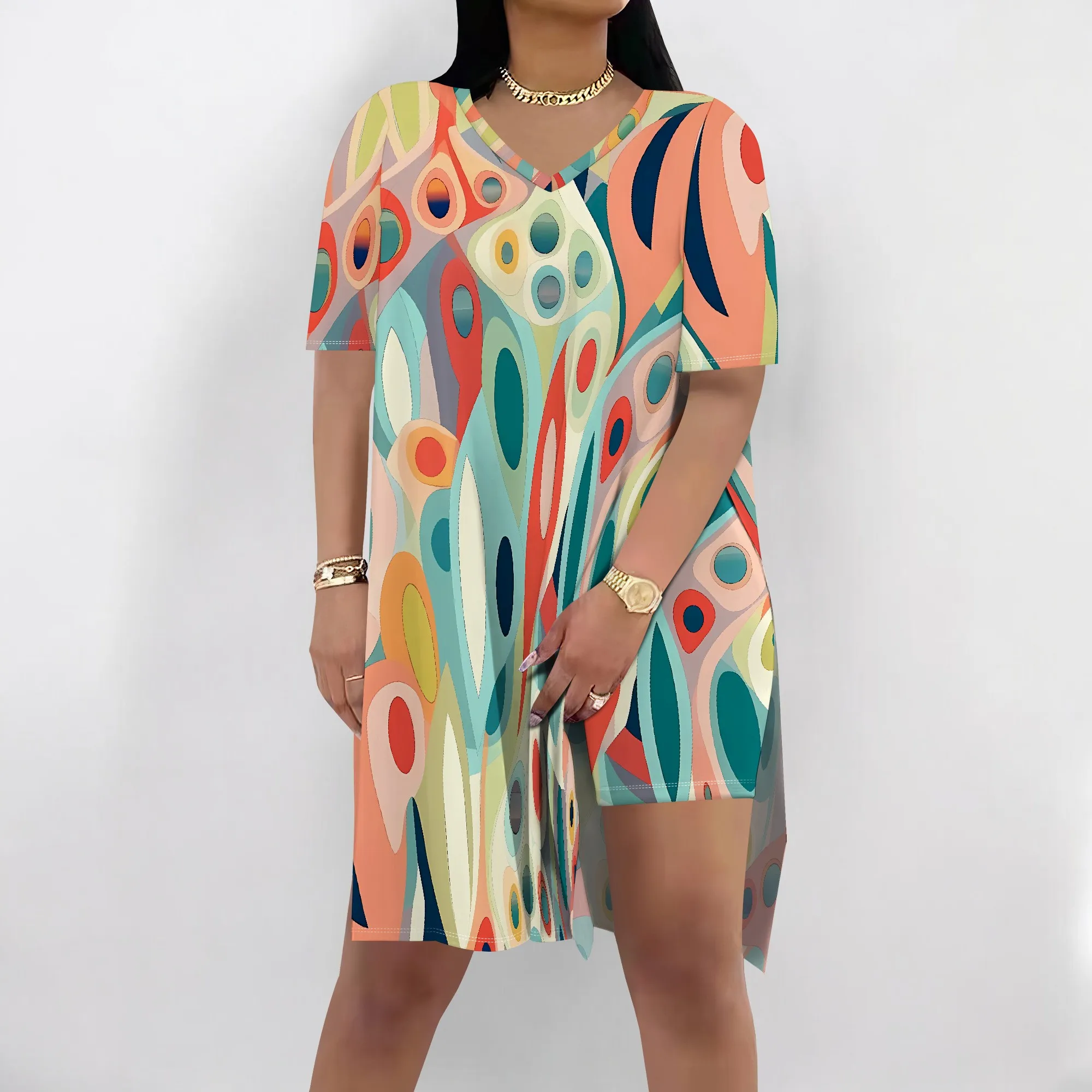 

Nupusa Abstract Pattern Dress for Women Summer Casual V - Neck Short Sleeve Outfit