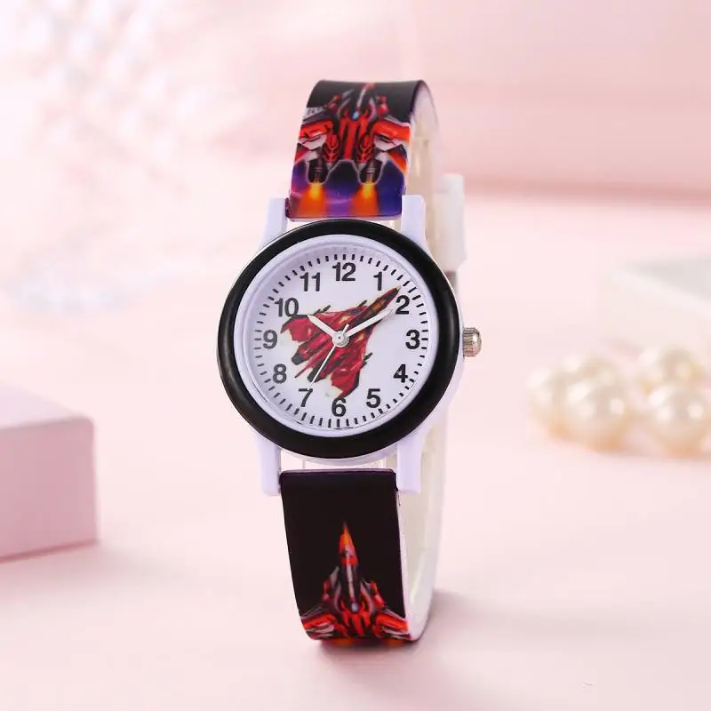 New Tide Student Youth Circle Shell Cartoon Color Printing Airplane Fighter Children's Watch