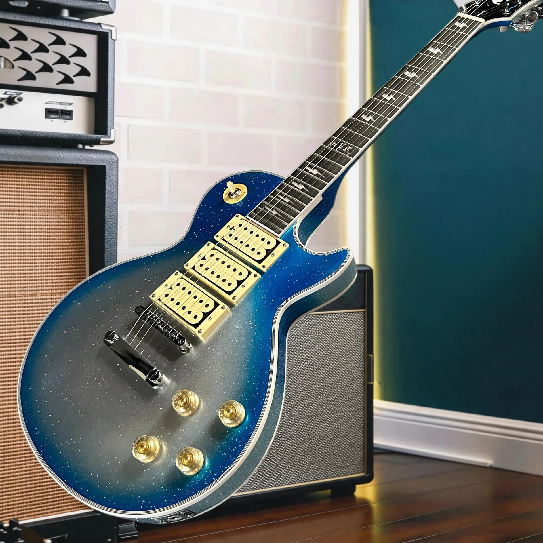 1997 Ace Spaceman Signature LPQ Custom Electric Guitar Blue Silver Sparkle Burst Triple Humbuckers KISS Heavy
