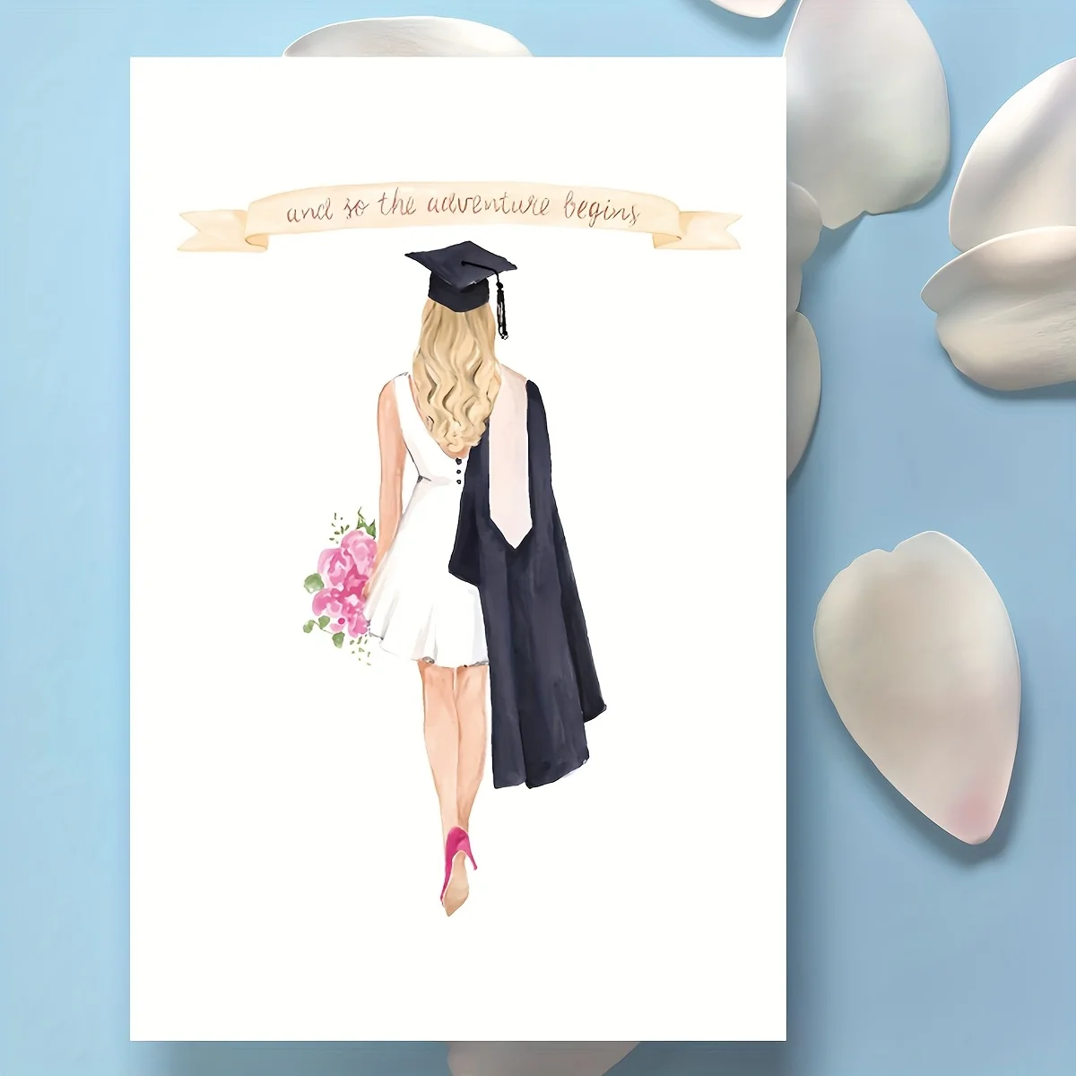 Elegant Watercolor Graduation Card - Girl in Dress and Flowers and "Adventure Journey" Banner - Perfect Graduation Gift - view 3