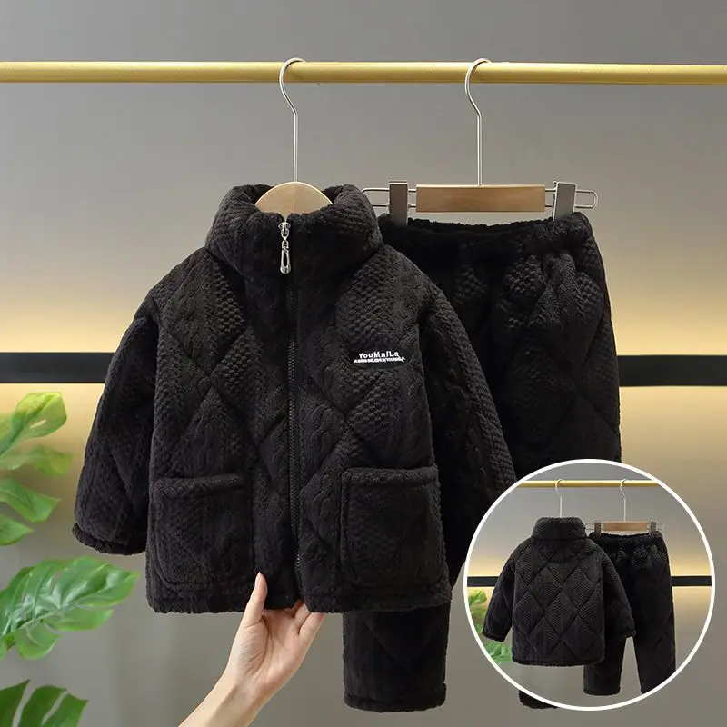 

Новые зимние детские пижамные комплекты для мальчиков и девочек, утепленные фланелевые хлопковые костюмы Kawaii для детей, бархатные комплекты из 2 предметов, домашняя одежда с капюшоном