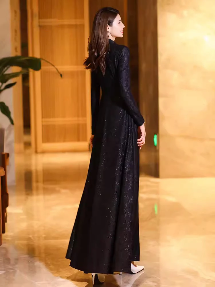 New Women Vintage Chinese Dress Spring Autumn Fashion Meticulous Plate Buttons Stand Collar Long Sleeve Slim Overlength Dress