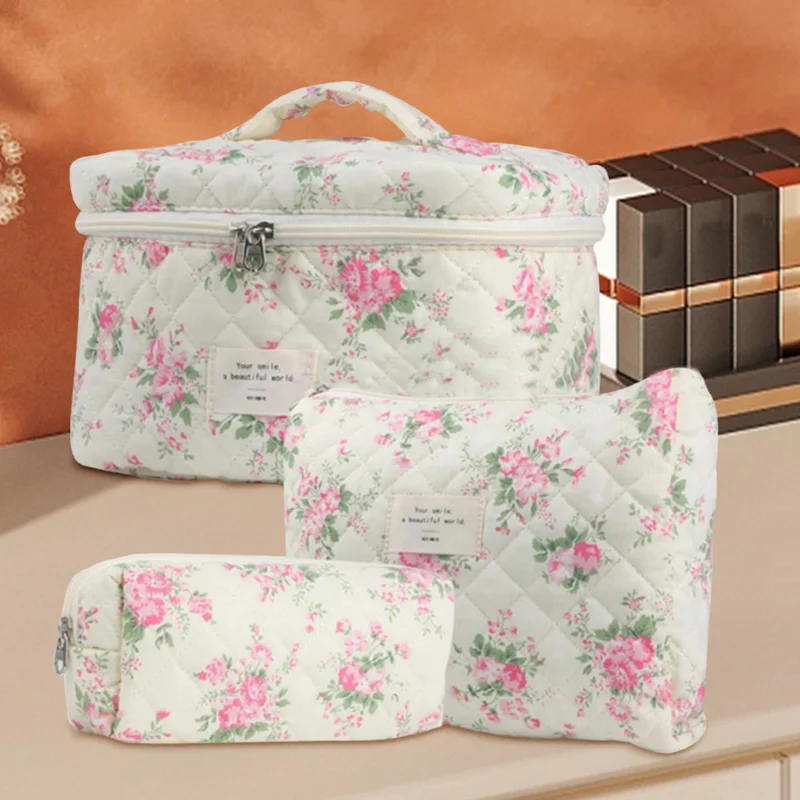 

3 Pcs Cotton Makeup Bag Set Floral Cotton Cosmetic Bag Aesthetic Women's Large Capacity Toiletry Organizer