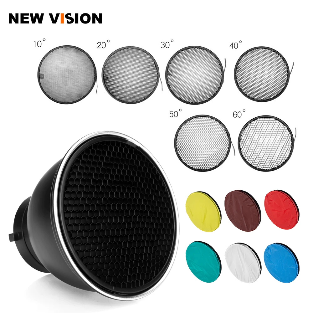 7inch 18cm Standard Reflector Diffuser with Degree Honeycomb Grid + 6 Color Filters for Bowens Mount Studio Light Strobe Flash