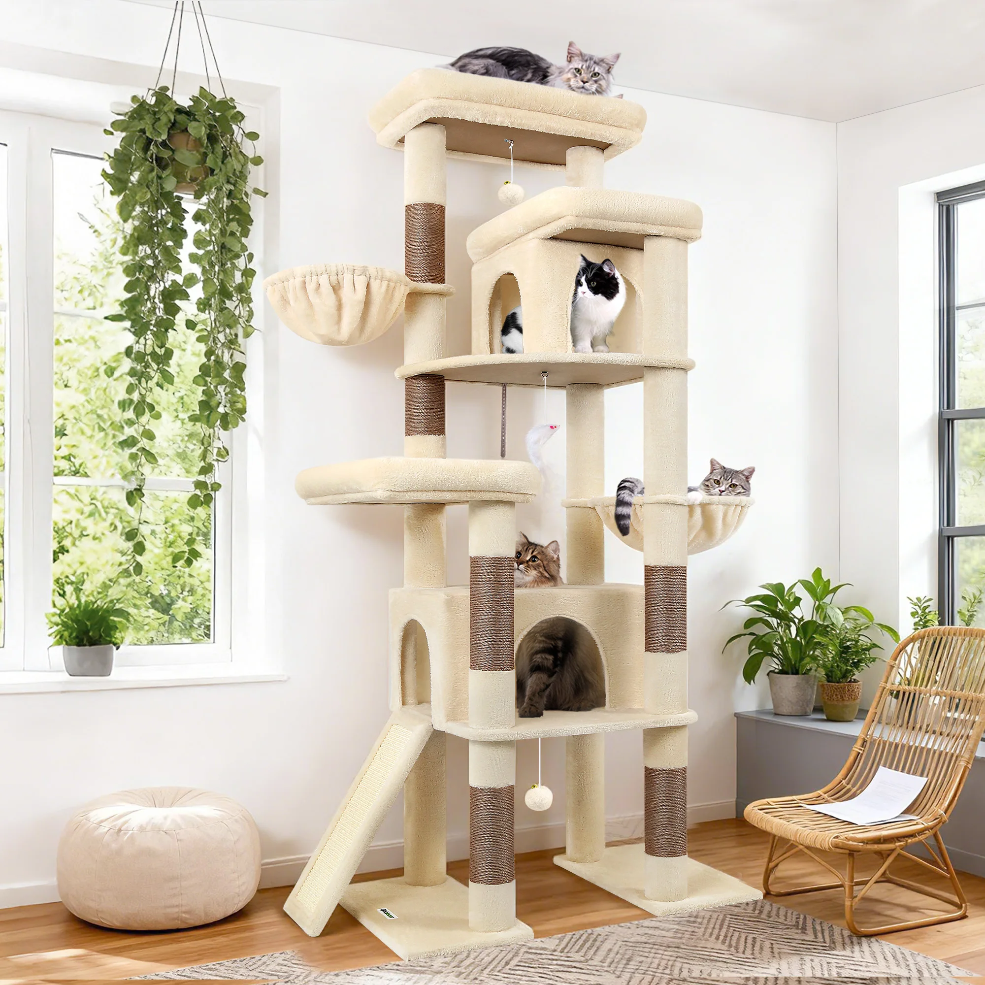 Globlazer Torre per Gatti da 78 Pollici per Gatti di Taglia Grande, Stabile con Base Doppia, Multi-Livello, con Amaca, Casette e Pali Tiragraffi in Sisal