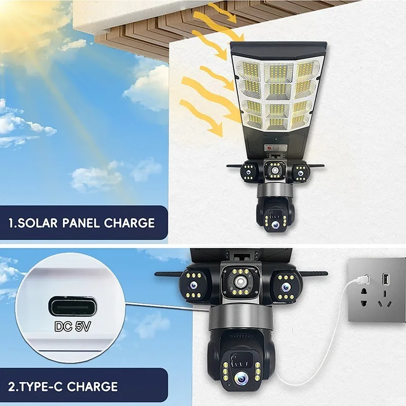 Outdoor Solar Streetlight Surveillance Camera 4G Wifi 3-Lens 15MP Remote Control Security Cameras Night Vision Motion Sensor