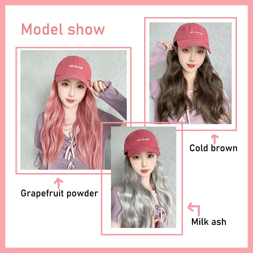 Topi dan wig sintetis satu wanita rambut panjang jaring merah pasang topi bisbol dan wig tipis dan serbaguna wig rambut panjang keriting penuh dia