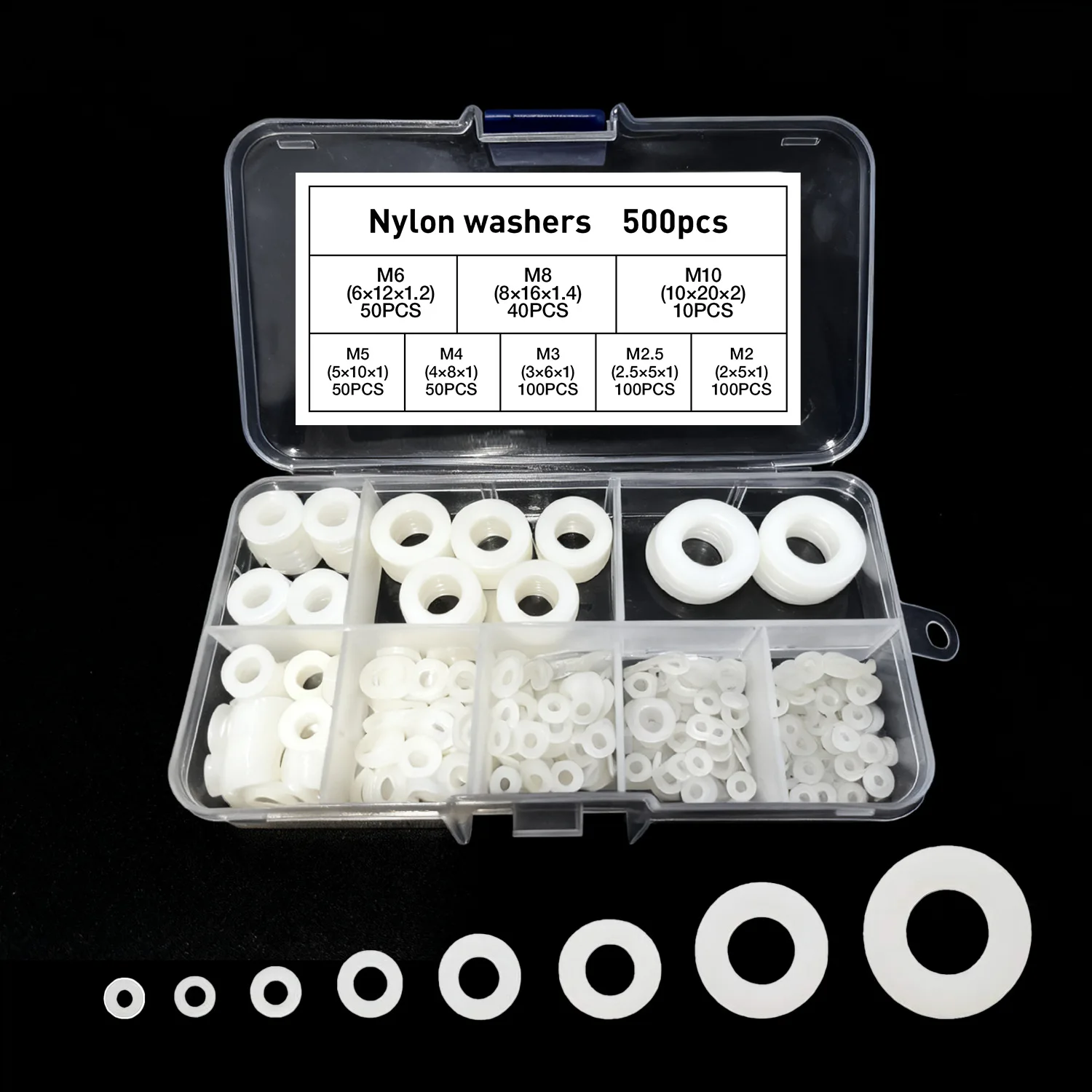 350pcs/500pcs Boxed Plastic Nylon Flat Washer Plain Spacer Insulation Gasket Ring Assortment Kit Set M2 M2.5 M3 M4 M5 M6 M8 M10