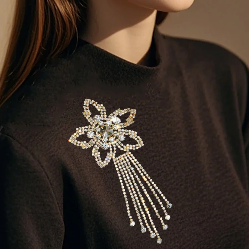 

Glitter Long Tassel Rhinestone Fringe Applique Shoulder Badge Gold Silver Ab Crystal Epaulets Sew On Patches Garment Accessorie