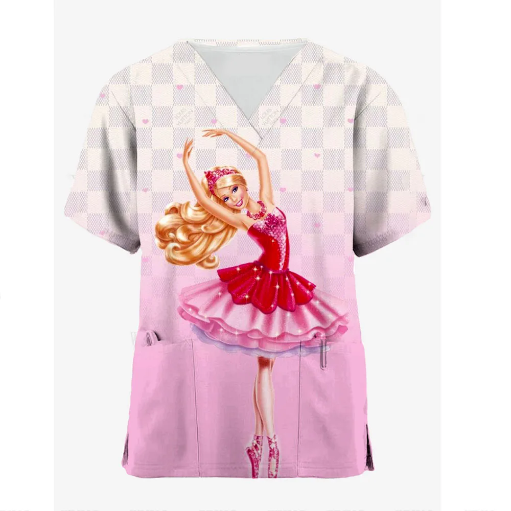 T-shirt Barbie Princess V-neck Women's Hospital Top Disney Top Women 2024 Nurse Uniform T-shirt Pocket Summer T-shirt