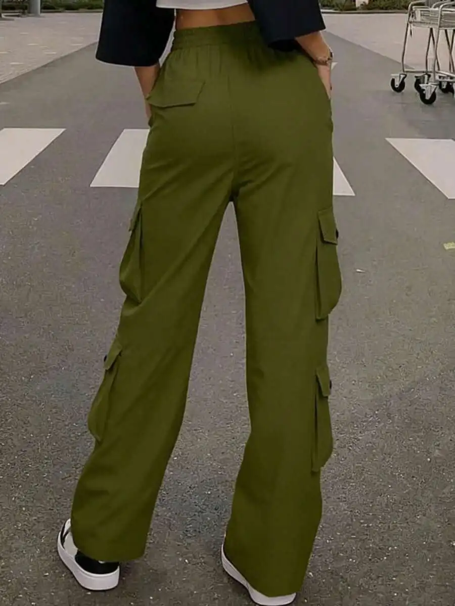 

Women Loose Straight Leg Cargo Pants Elastic Waist Multi Pockets Streetwear Casual Outdoor