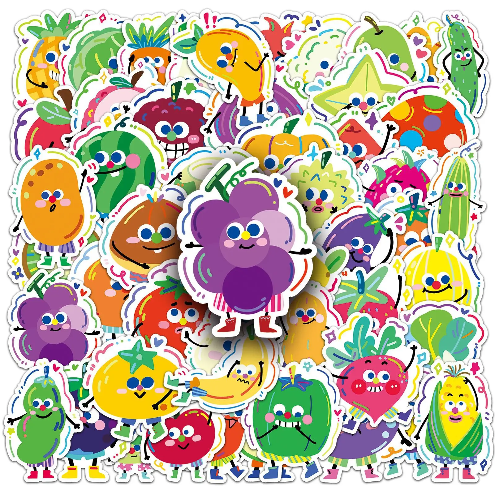 50-100PCS Fruit and Vegetable Graffiti Stickers, Cartoon Cute Hand-drawn Decor Stickers for Stationery Notebooks Luggage