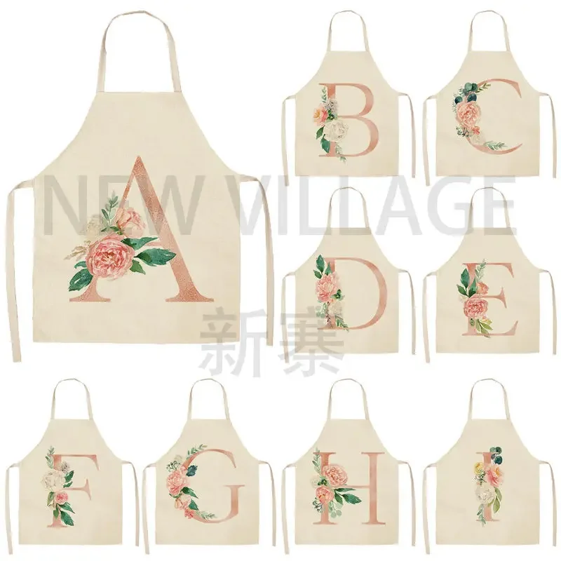 1Pcs Pink Letter Flower Kitchen Aprons for Women Cotton Linen Bibs Household Cleaning Pinafore Home Cooking Apron 53*65cm 46362