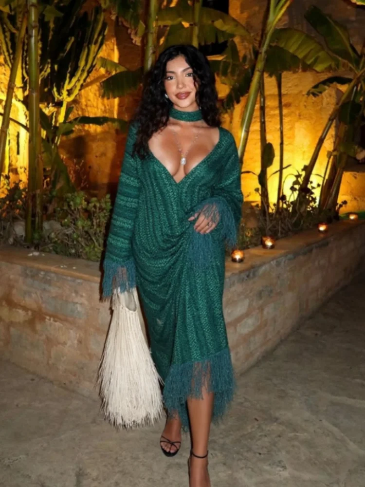 Streifen Lose Frauen Kleider Quaste Mit Schal V-ausschnitt Weibliche Maxi Kleid 2025, Sommer Mode Party Volle Hülse Dame Grün Vestidos