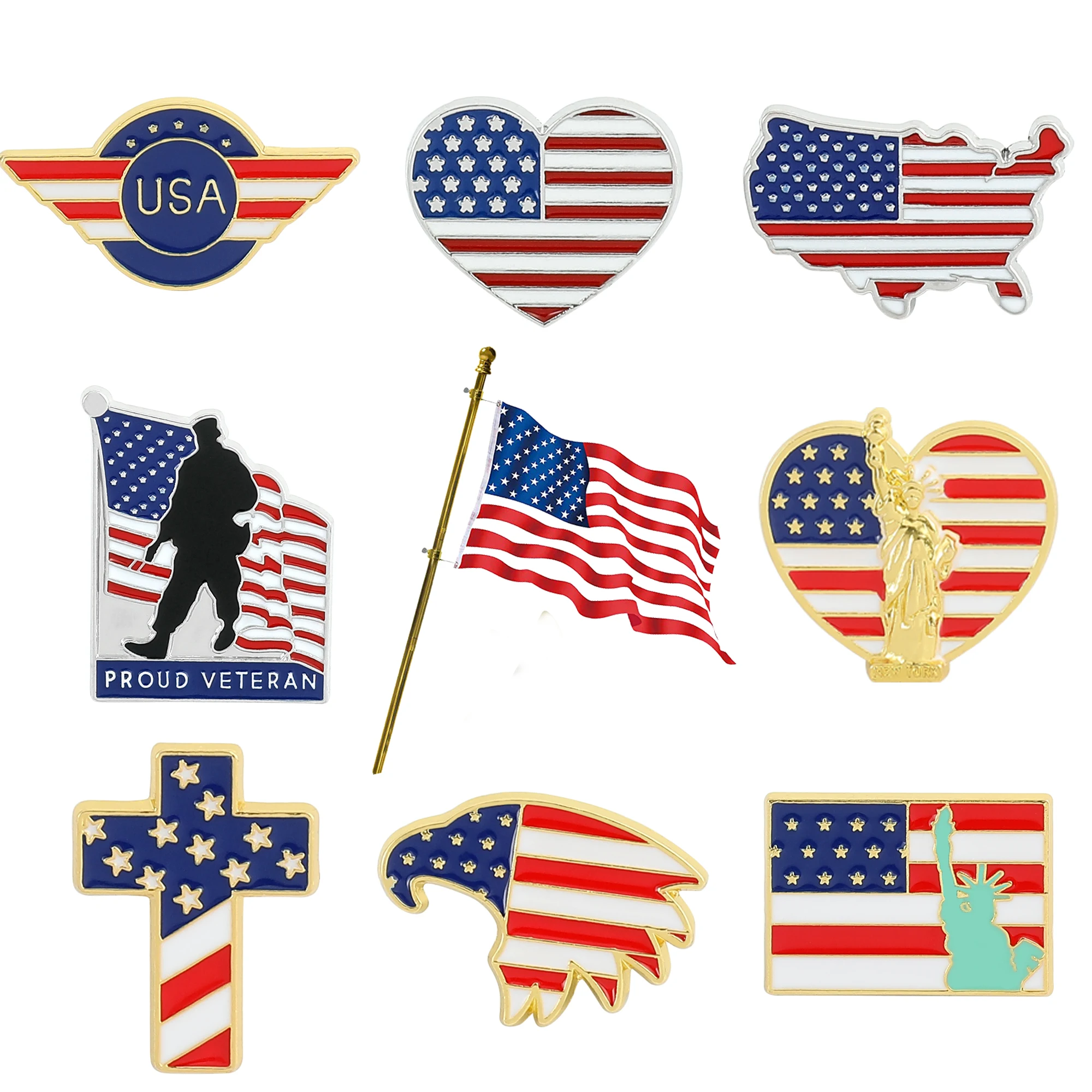 United States National Flag Enamel Pins US America Soldier Veteran Statue of Liberty Souvenir Badge Brooch Bag Clothes Lapel Pin