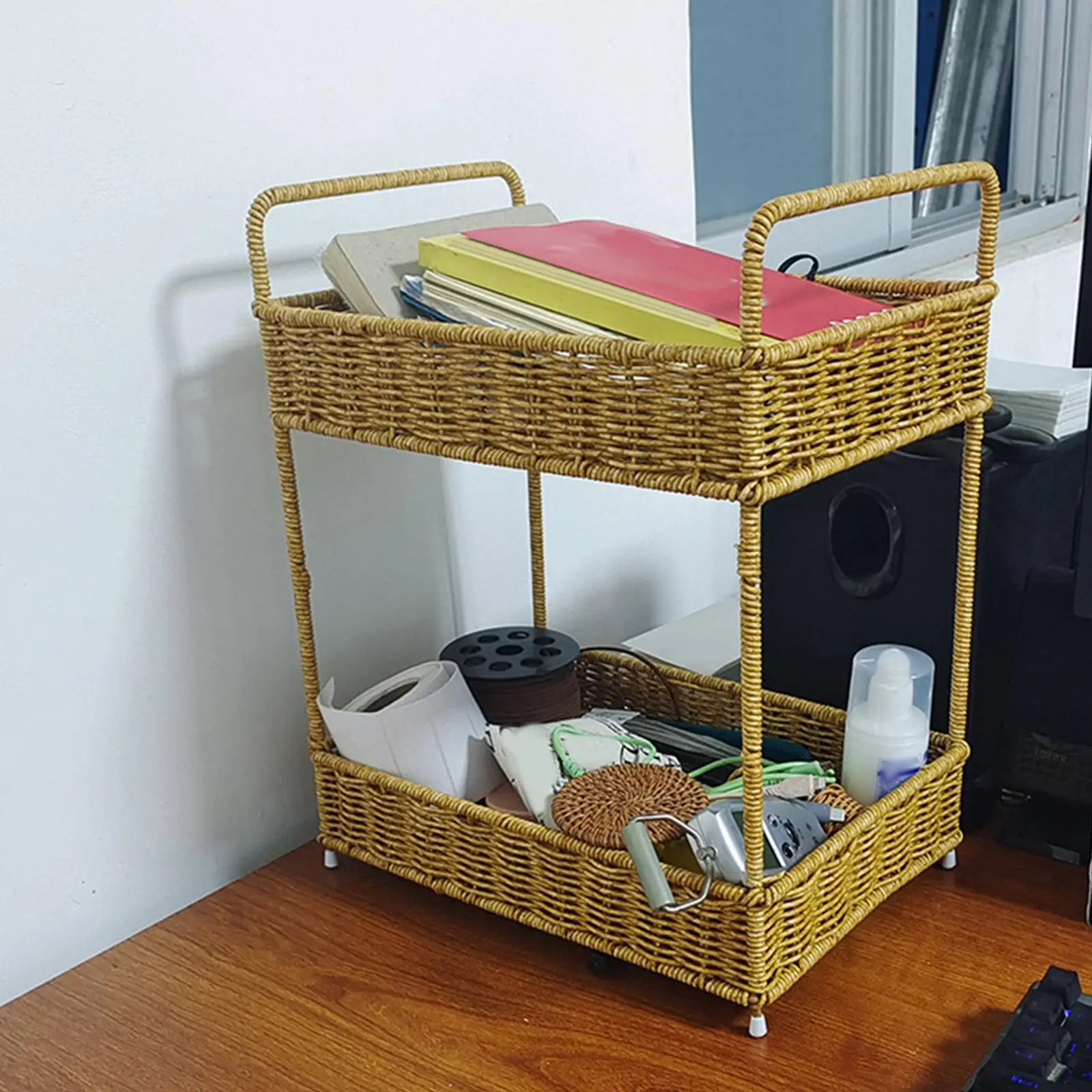 Desktop Storage Organizer Woven Basket Rack Handle Two Layer Shelf for Home Office Bedroom