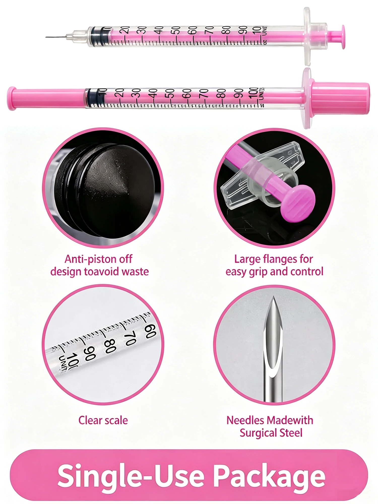 25/100 Stück 1ml/30G-31G/8mm Insulinspritze mit ultrafeiner Nadel – Steril, einzeln verpackt, rosa Kappe, Präzision für niedrige Dosen – Detail 1