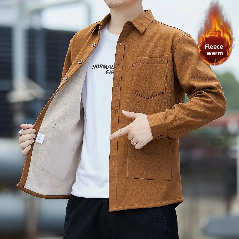

GELITAYIN Winter Men's Fleece Long-sleeved Shirt Loose Fit Trendy Solid Cargo Shirt Coat Thickened Casual Multiple Pockets Outer