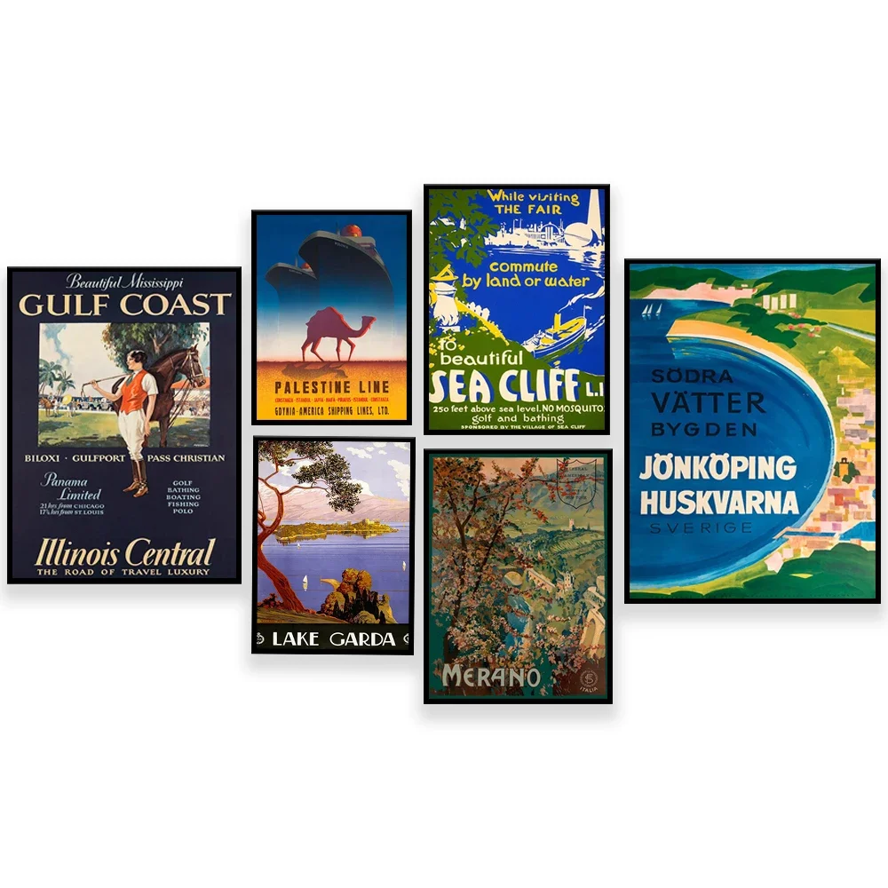 Sweden Jönköping, Lake Lucerne, L'Aquila, Venice, Merano, Lake Garda, Palermo, Sea Cliff, Long Island travel poster printing