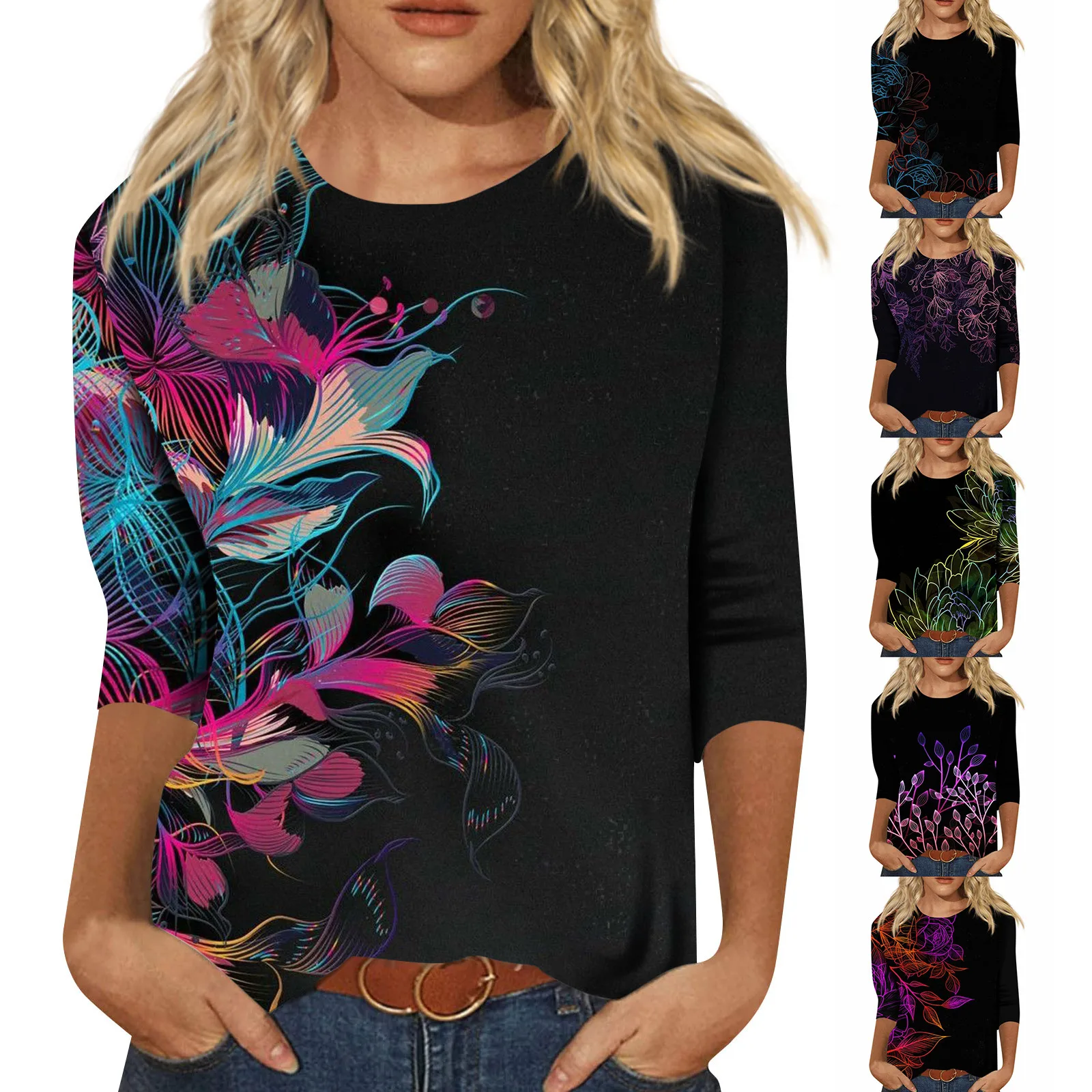 Women's t shirts Fashion Casual Floral Print Seven Sleeve Round Neck Top vintage pullover women's spring 2024 ropa de mujer