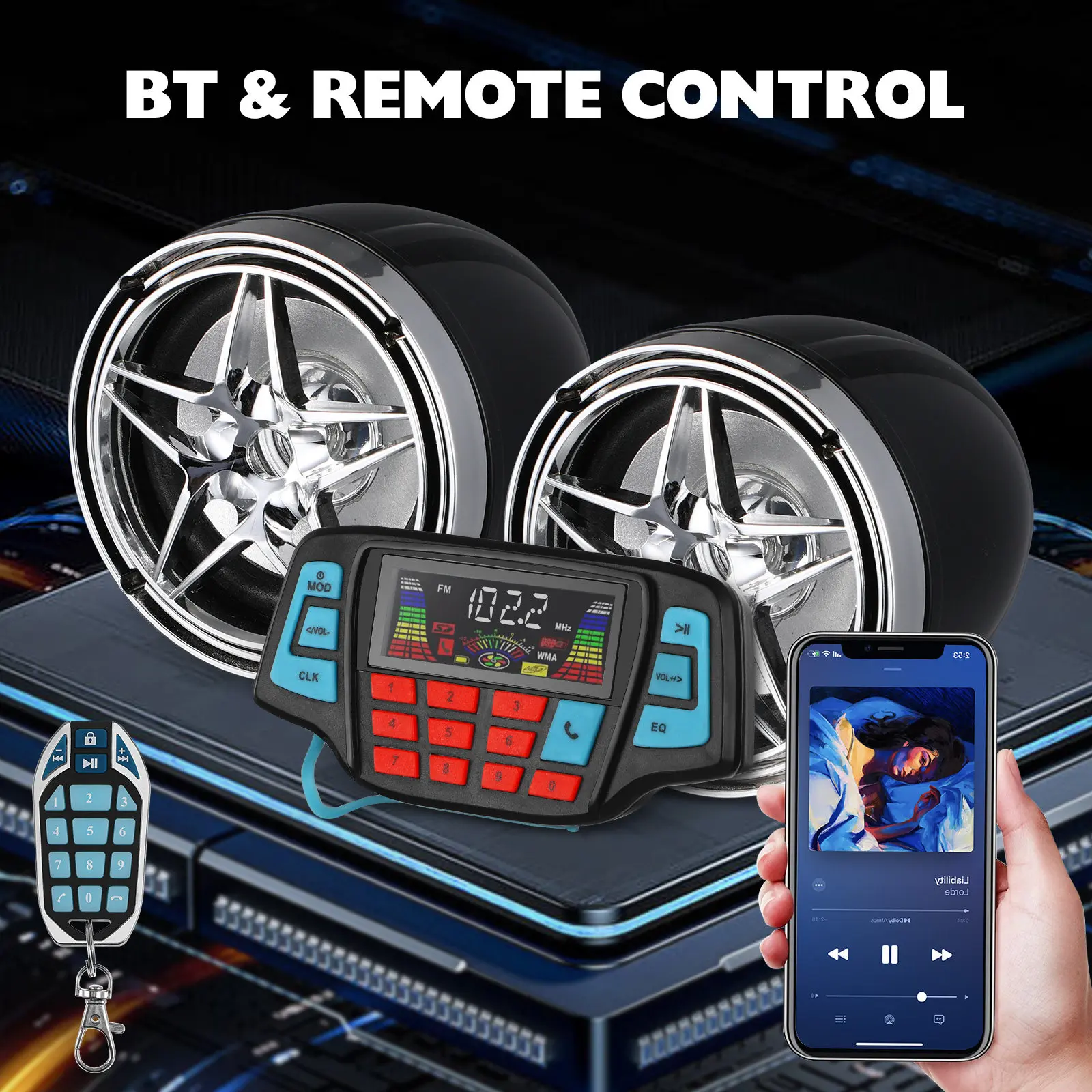 

1Set Motorcycle Stereo System Wireless Waterproof Speaker with Memory Card Playback Fm Radio App Control Clear