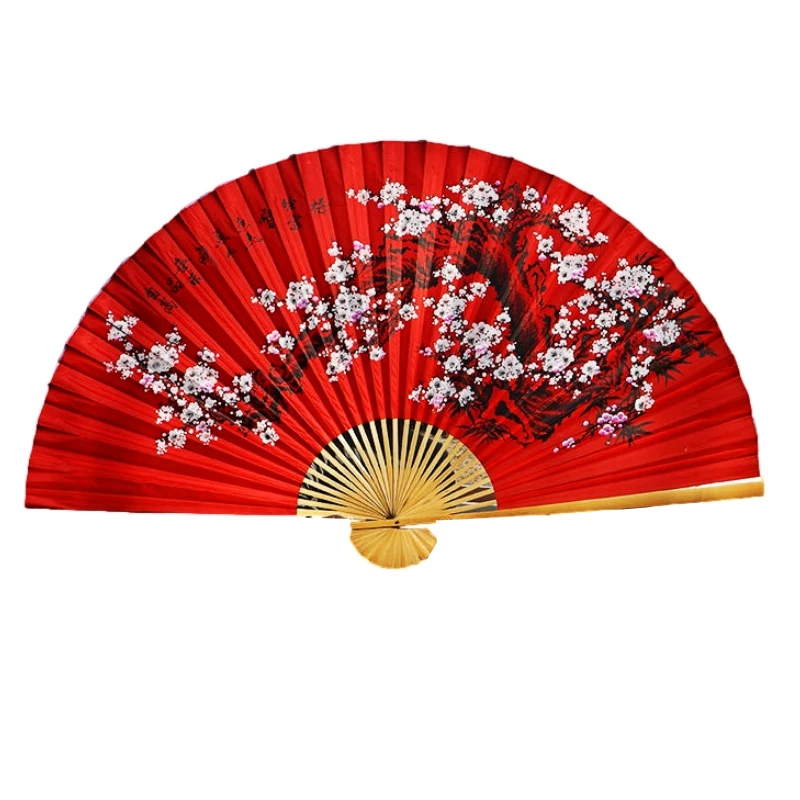 Red Plum Decoration Fan Classical Decorative Furnishings Chinese Spring Festival Big Folding Hand Fan Performance Props Abanicos