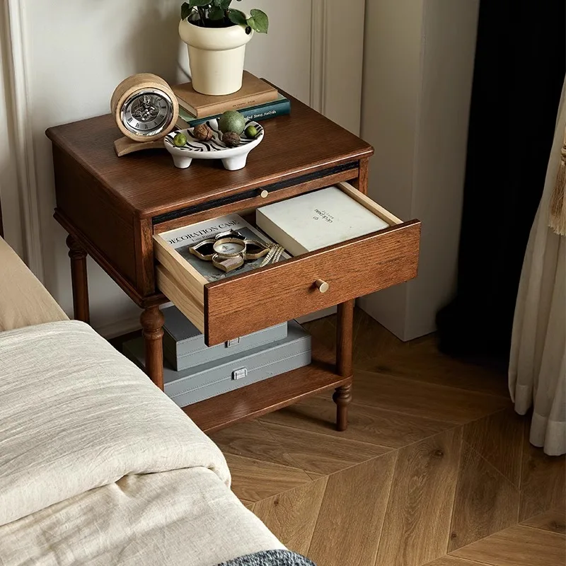 French retro solid wood bedside table small apartment bedroom locker