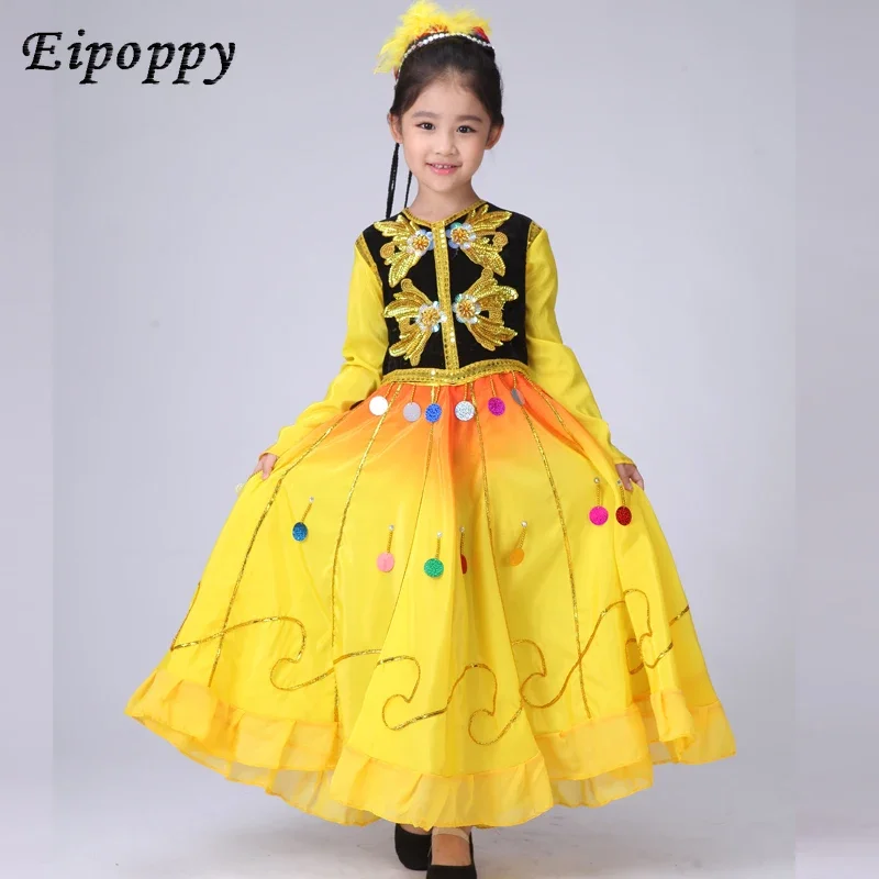 Abbigliamento da ballo etnico Uighur per bambini abbigliamento da spettacolo Xinjiang Uygur costumi da palcoscenico da ballo nuovo cappello femminile